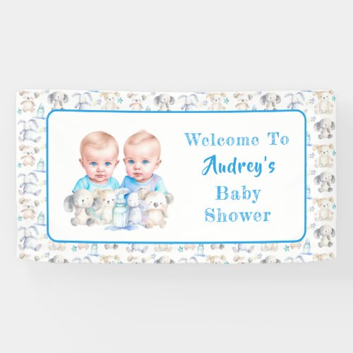 Twin Boys Baby Shower Watercolor Animals Banner