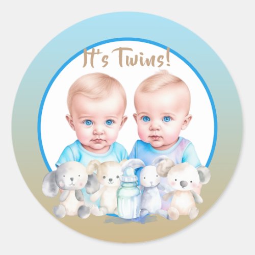 Twin Boys Baby Shower Watercolor Animals Classic Round Sticker