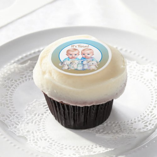Twin Boys Baby Shower Watercolor Animals Edible Frosting Rounds