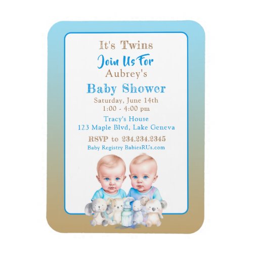 Twin Boys Baby Shower Watercolor Animals Magnet