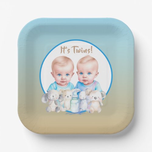 Twin Boys Baby Shower Watercolor Animals Paper Plates