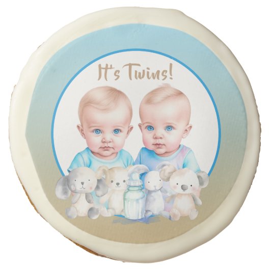 Twin Boy's Baby Shower Watercolor Animals Sugar Cookie (Front)