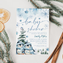 Twin Boys Baby Shower Winter Penguin Blue Invitation