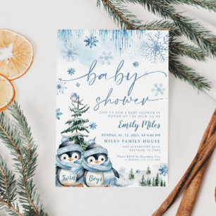 Twin Boys Baby Shower Winter Penguin Blue Invitation