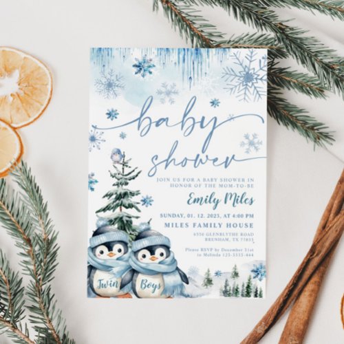 Twin Boys Baby Shower Winter Penguin Blue Invitation