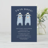 Twin Boys Bear Romper Baby Shower Invitation (Standing Front)