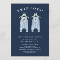 Twin Boys Bear Romper Baby Shower Invitation