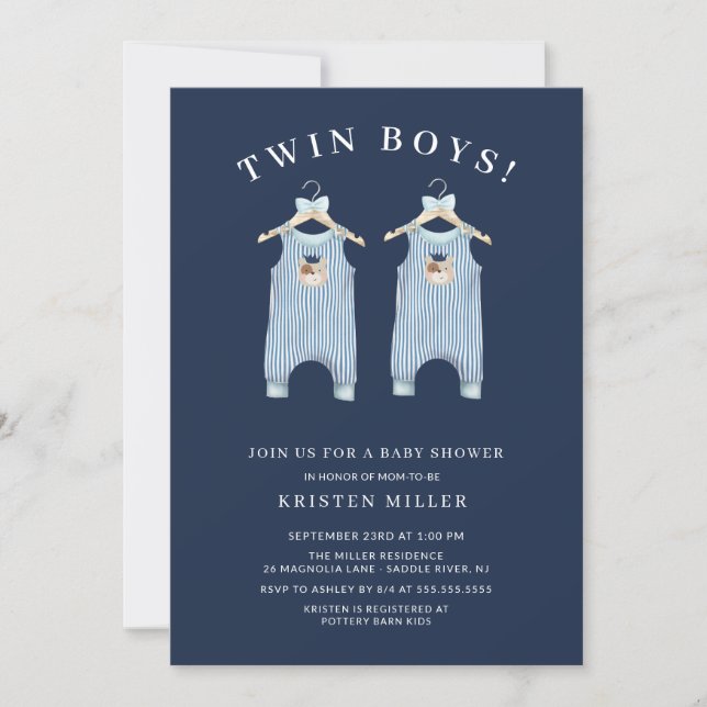 Twin Boys Bear Romper Baby Shower Invitation (Front)