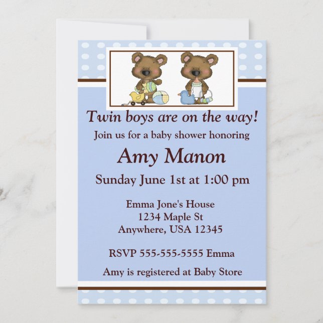 Twin boys bears personalized baby shower invites (Front)