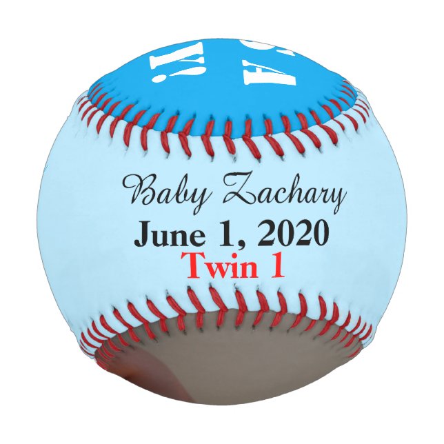 Twin Boys Birth Stats Blue Photo Baseball (Front)