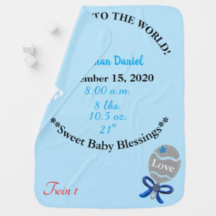 Twin Boys Birth Stats Blue Rattle Blanket