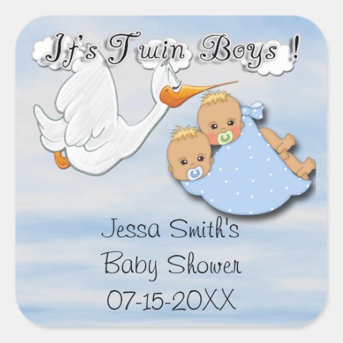 Twin Boys Blonde _ Stork Baby Shower Favor sticker