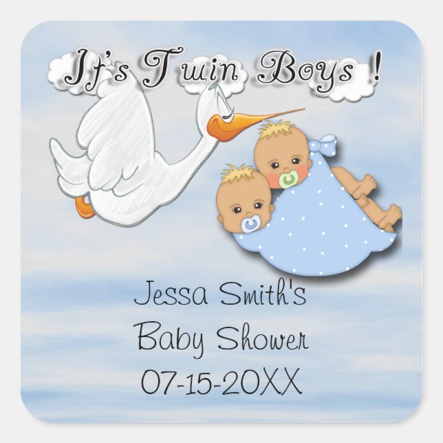 Twin Boys Blonde - Stork Baby Shower Favor sticker (Front)