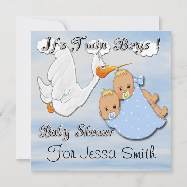 Twin Boys Blonde - Stork Baby Shower Invitations (Front)