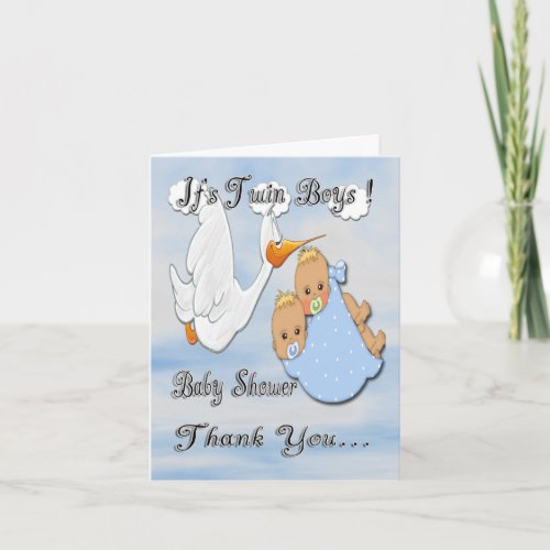 Twin Boys Blonde Stork Baby Shower Thank You Card