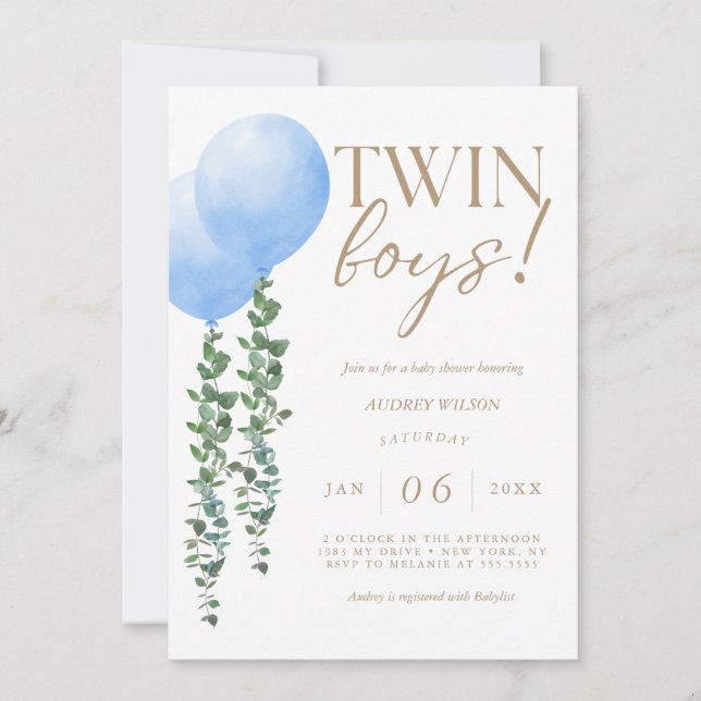Twin Boys Blue Balloon Baby Boys Shower Invitation (Front)