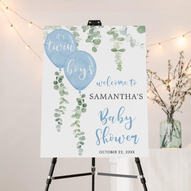 Twin boys Blue balloon baby shower welcome sign (In Situ (Stand))