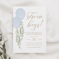 Twin Boys Blue Balloon Eucalyptus Baby Shower Invitation at Zazzle