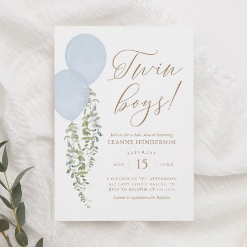 Twin Boys Blue Balloon Eucalyptus Baby Shower Invitation