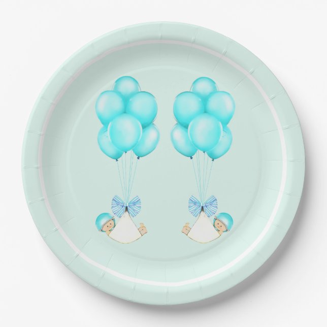 Twin Boys Blue Balloons Baby Shower Paper Plates (Front)