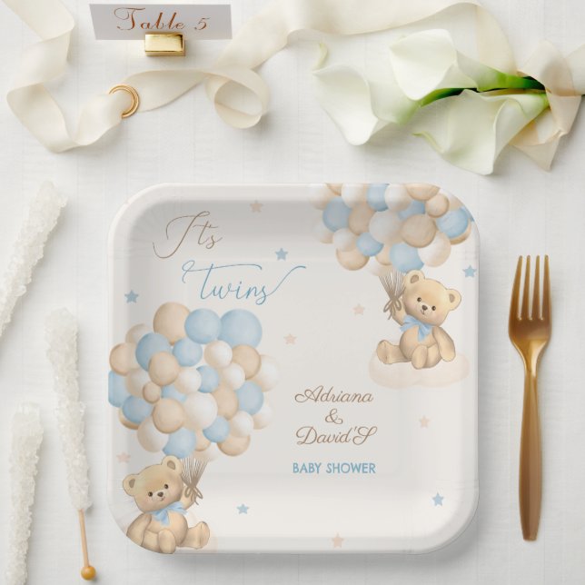 Twin Boys Blue Bear Balloons Baby Shower Paper Plates (Wedding)