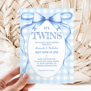 Twin Boys Blue Bow Vintage Cute Invitation