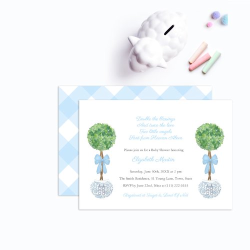 Twin Boys Blue Checker Ginger Jar Baby Shower Invitation