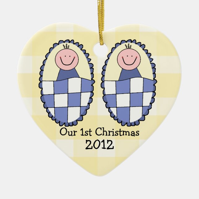 Twin Boys Blue First Christmas Ceramic Ornament (Front)