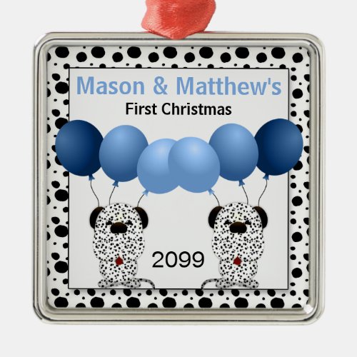 Twin Boys Blue First Christmas Dalmatian Metal Ornament