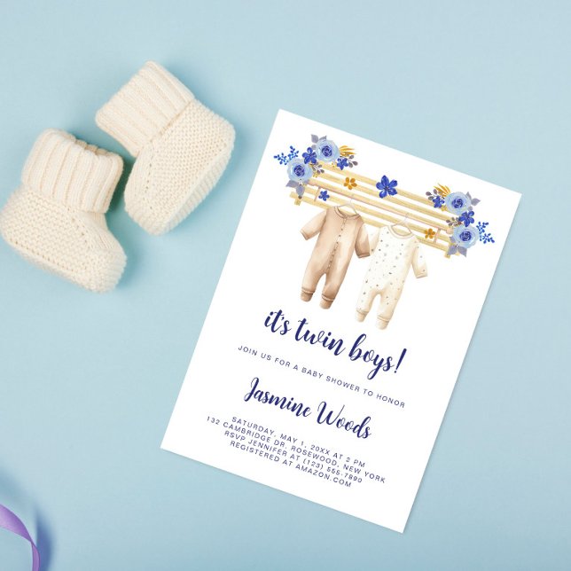 Twin Boys Blue Floral Boho Laundry Baby Shower   Invitation (Creator Uploaded)