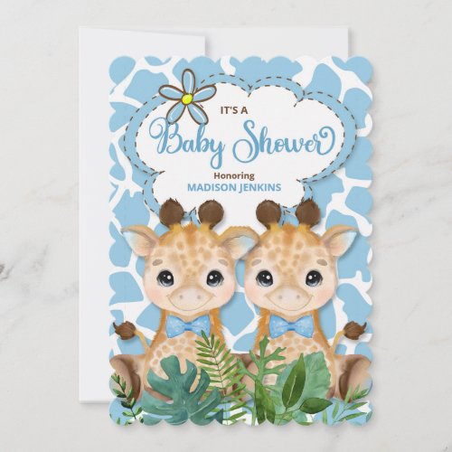 Twin Boys Blue Giraffe Jungle Baby Shower Invitation