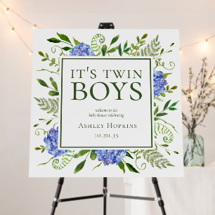 Twin Boys Blue Hydrangeas Baby Shower Welcome Foam Board