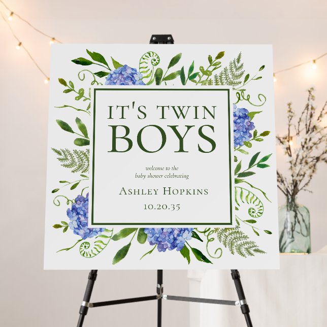Twin Boys Blue Hydrangeas Baby Shower Welcome  Foam Board (In Situ (Stand))