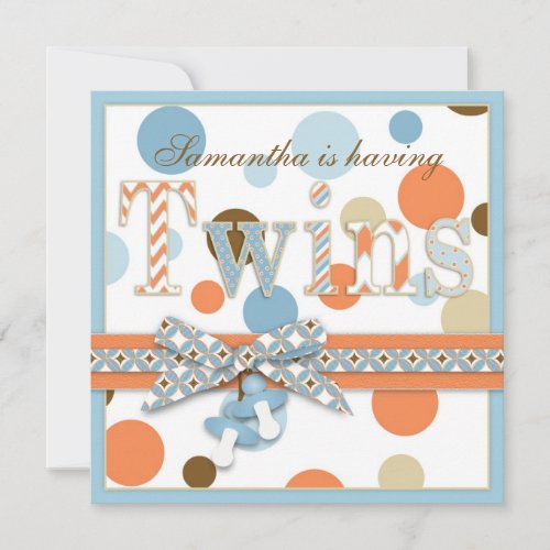 TWIN BOYS Blue Orange Brown Dots Baby Shower Invitation