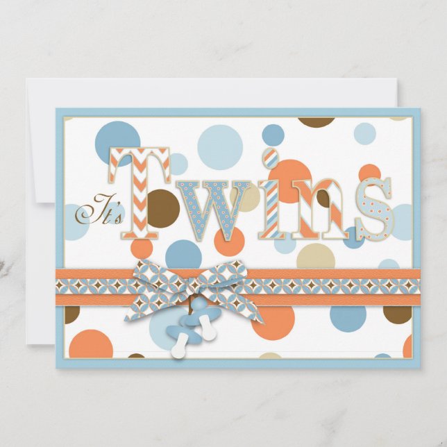 TWIN BOYS Blue Orange Brown Dots Baby Shower Invitation (Front)