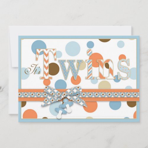 TWIN BOYS Blue Orange Brown Dots Baby Shower Invitation