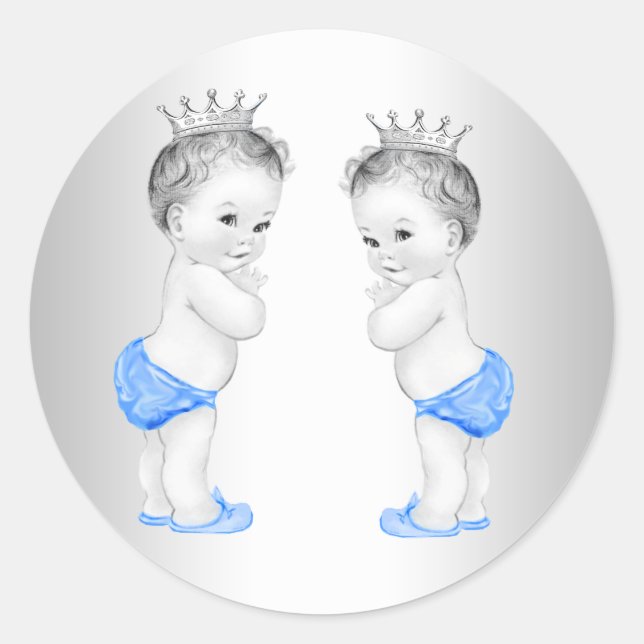 Twin Boys Blue Prince Baby Shower Stickers (Front)