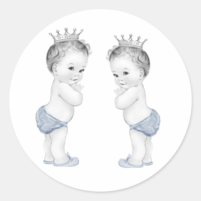 Twin Boys Blue Prince Baby Shower Stickers (Front)