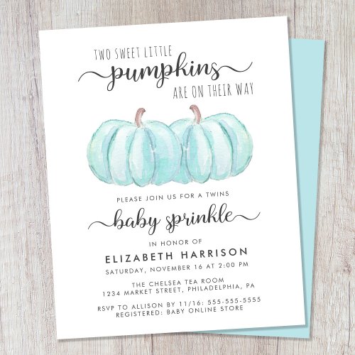 Twin Boys Blue Pumpkin Baby Sprinkle Invitation