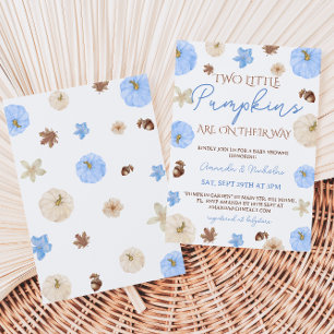 Twin Boys Blue Pumpkin Fall Baby Shower Invitation
