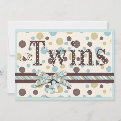 TWIN BOYS Blue Sage Brown Dots Baby Shower Invitation