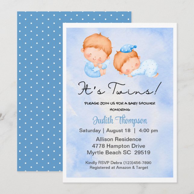 Twin boys Blue Sky Clouds baby shower invitation (Front/Back)