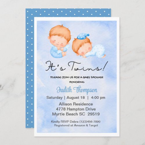 Twin boys Blue Sky Clouds baby shower invitation