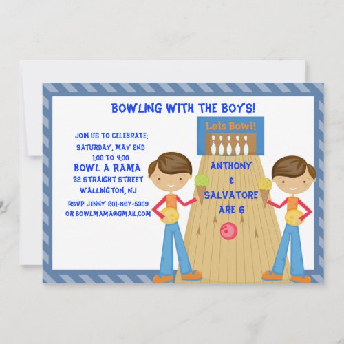 Twin Boys Bowling Birthday Party Invitation