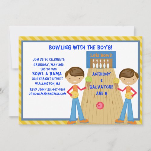 Twin Boys Bowling Birthday Party Invitation