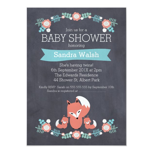 Twin Boys Chalkboard Fox Baby Shower Invitation