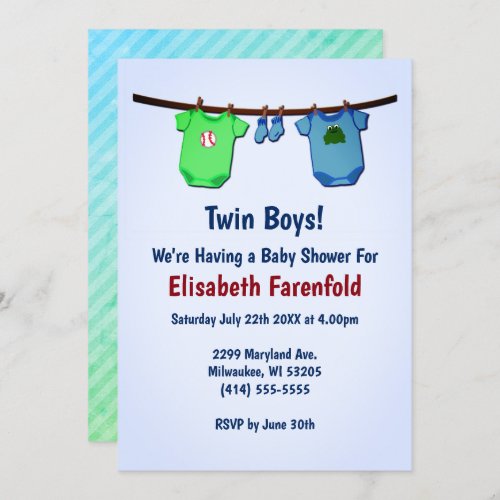 Twin Boys Close Line Blue  Green Baby Shower Invitation