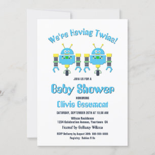 Twin Boys Cute Robots Baby Shower Invitation