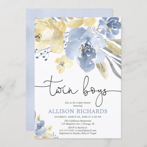Twin boys Dusty blue yellow floral baby shower Invitation