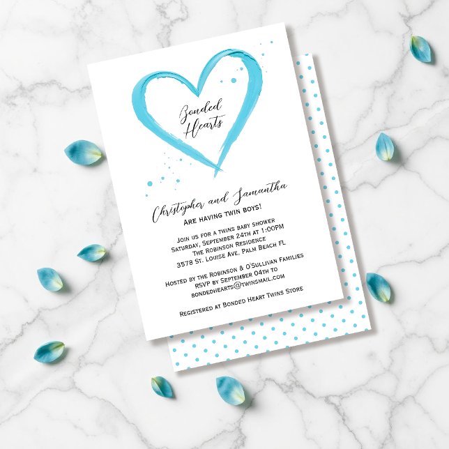  Twin Boys Elegant Modern Blue Heart Baby Shower Invitation (Creator Uploaded)